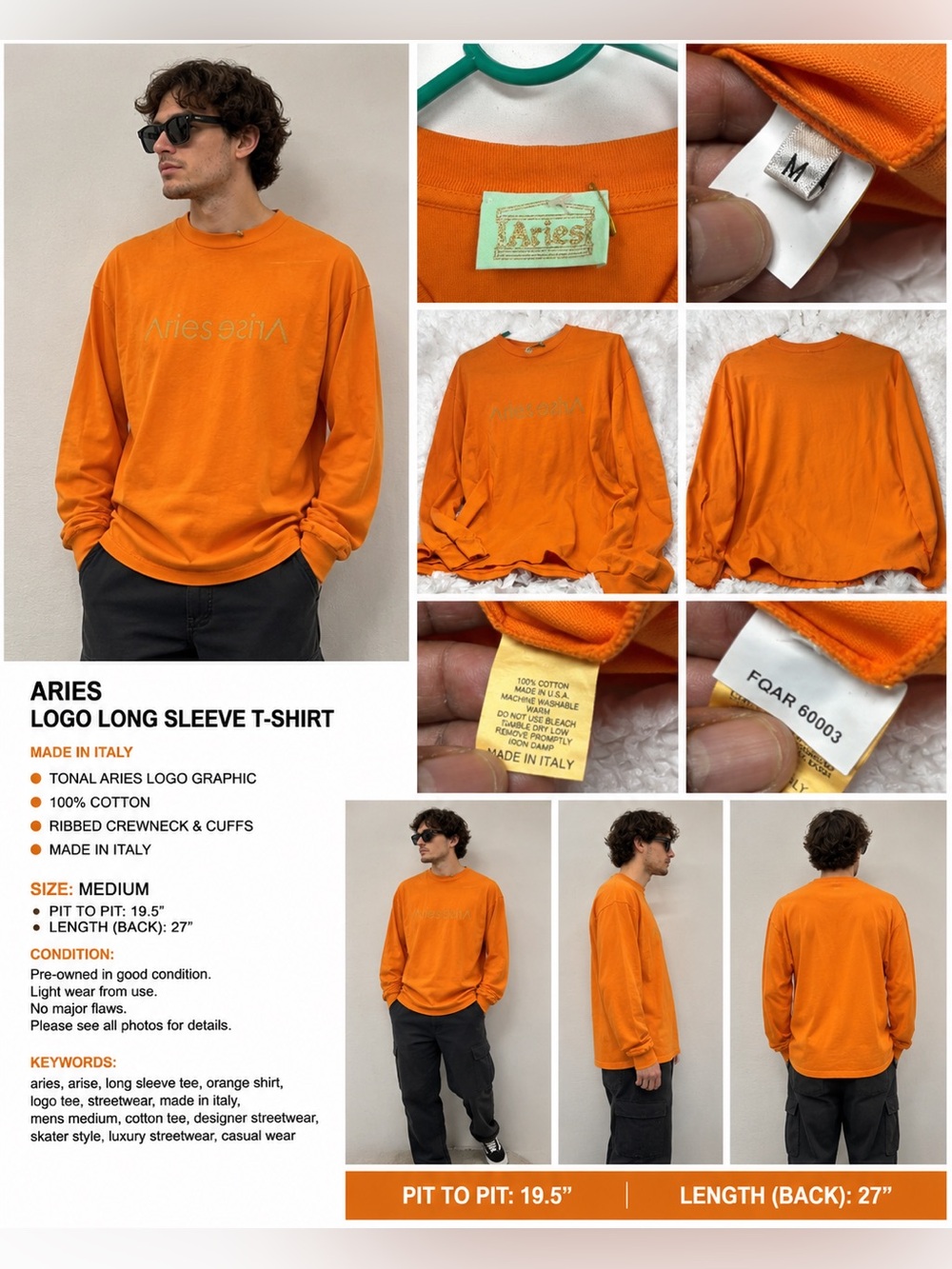 Aries Made In Italy Orange Logo Long Sleeve T-Shirt Mens Medium Streetwear